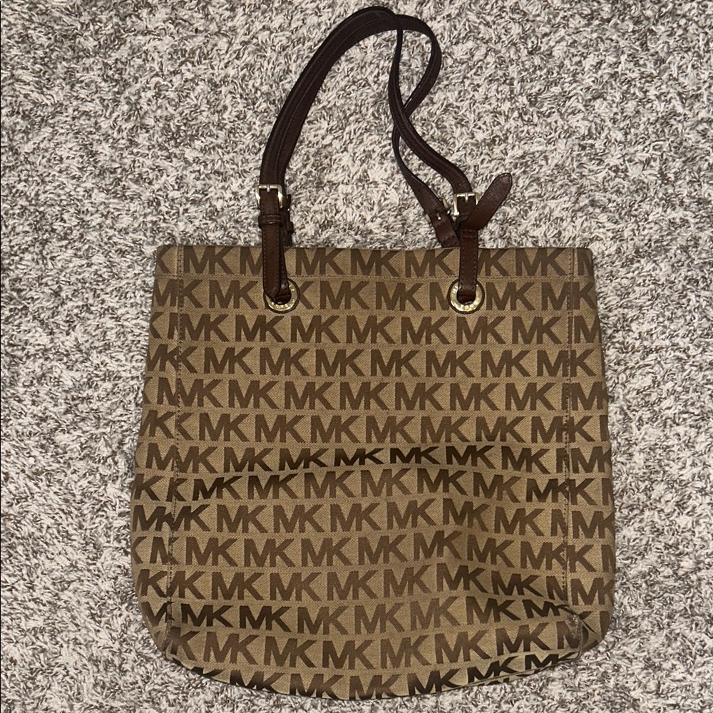 Michael Kors Brown MK Logo Canvas Tote with Dark Brown Straps